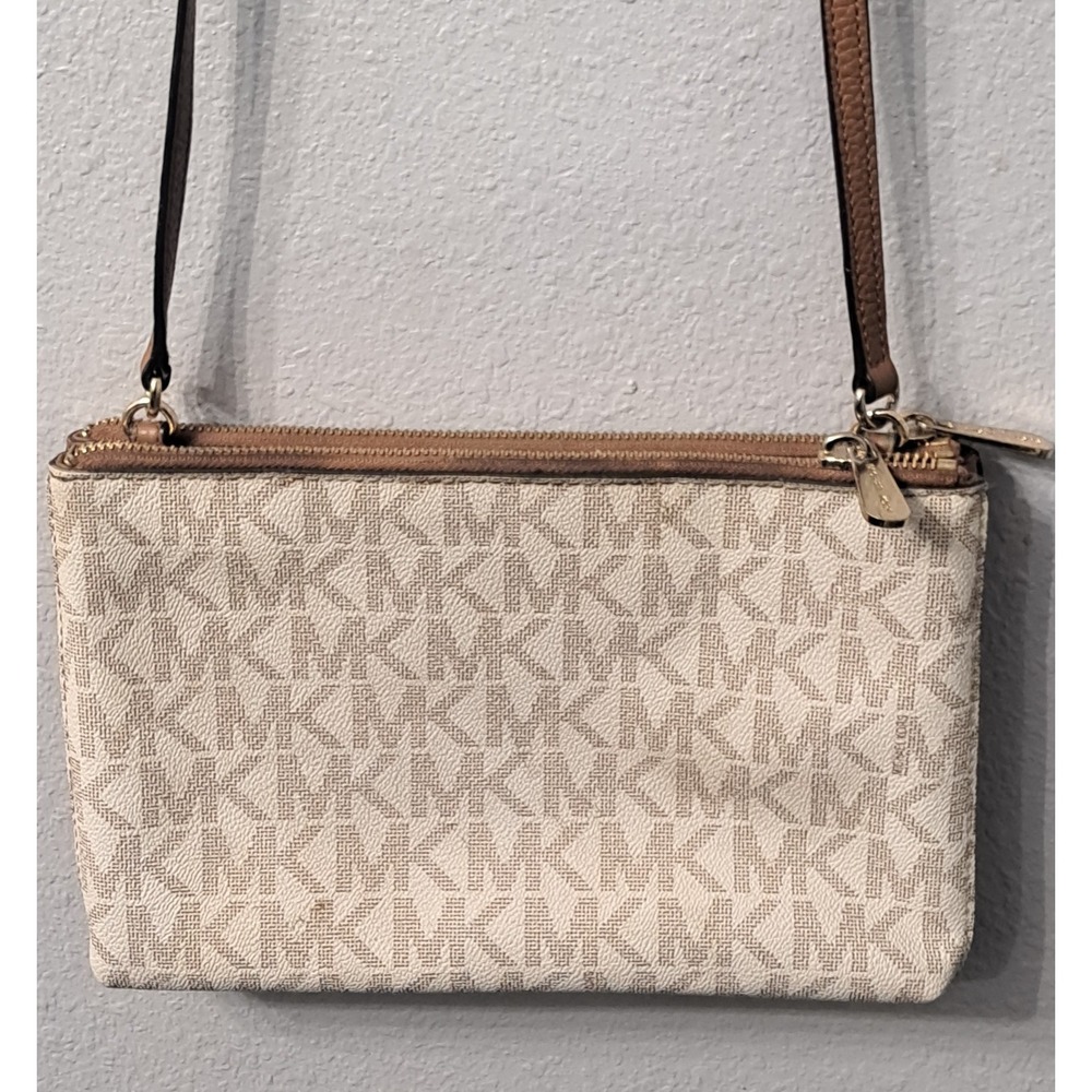Michael Kors Jet Set Signature MK Large Double Zip Crossbody Brown Tan Leather - Picture 2 of 13